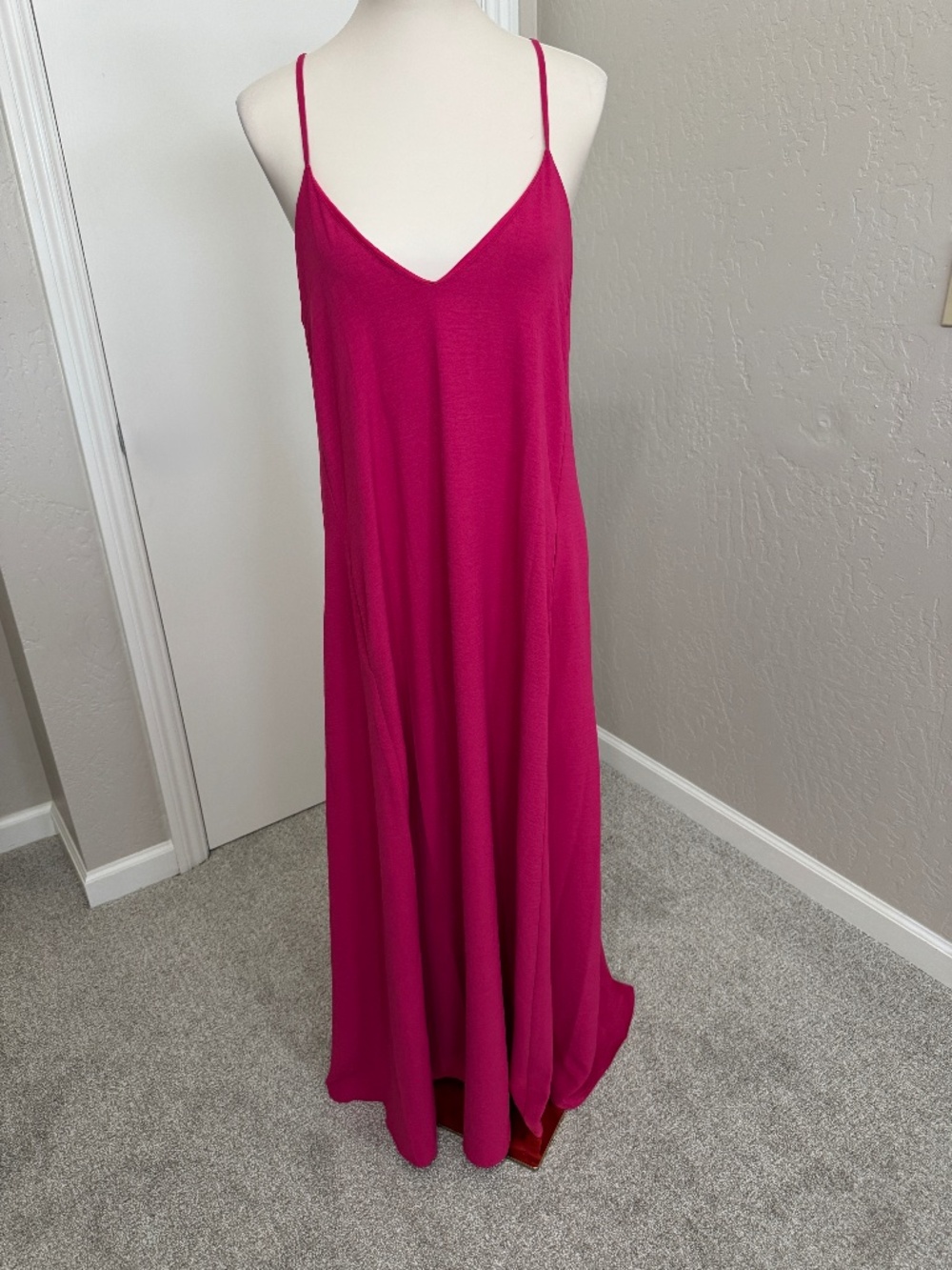 Nicole Miller New York L Hot Pink Fuchsia Maxi Dress Pockets V Neck